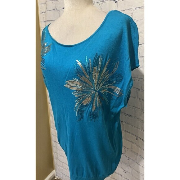 INC International Concepts Women's Blue Floral Sequin Knit Top Size XL - Picture 3 of 7